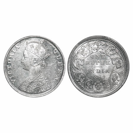 Victoria Queen, Silver, Rupee, 1862, Madras Mint, B/II/0/0, With enclosed frame effect and