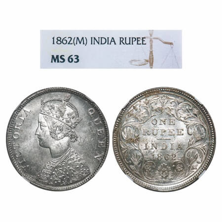 Victoria Queen, Silver, Rupee, 1862, Madras Mint, B/II/0/0, With enclosed frame effect and