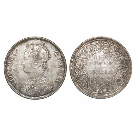 Victoria Queen, Silver, Rupee, 1862, Madras Mint, B/II/0/0, Embriodery re touched at some 