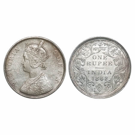 Victoria Queen, Silver, Rupee, 1862, Bombay Mint, B/II(ii), Pineapple like buds at Four di