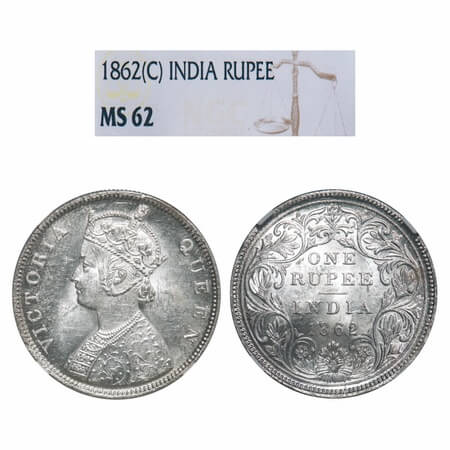 Victoria Queen, Silver, Rupee, 1862, Bombay Mint, B/II/1/0. F. Prid 69. GK 286. NGC Slabbe