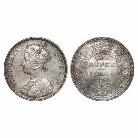 Victoria Queen, Silver, Rupee, 1862, Bombay Mint, B/II/1/0, Inclined 1, A prominent ghost 