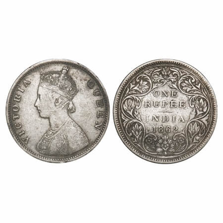 Victoria Queen, Silver, Rupee, 1862, Bombay Mint, A/II/0/3, Obv 'A' of Half Anna die, The 