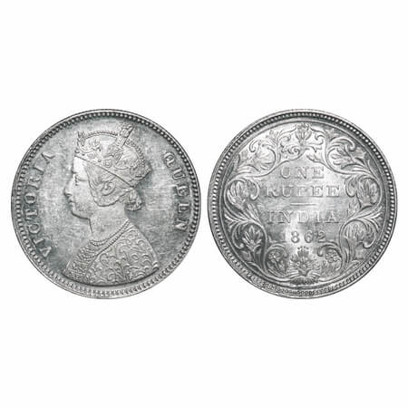 Victoria Queen, Silver, Rupee, 1862, Bombay Mint, A/II/0/4, w/o initial 'J', Mechanical di