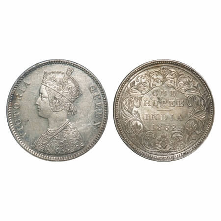 Victoria Queen, Silver, Rupee, 1862, Bombay Mint, A/II/0/4, w/o initial 'J'. F. Prid 79. G