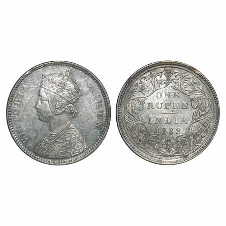 Victoria Queen, Silver, Rupee, 1862, Bombay Mint, A/II/0/4, w/o initial 'J'. F. Prid 79. G