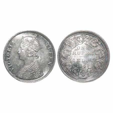 Victoria Queen, Silver, Rupee, 1862, Bombay Mint, A/II/0/5, With half bottom stroke of num