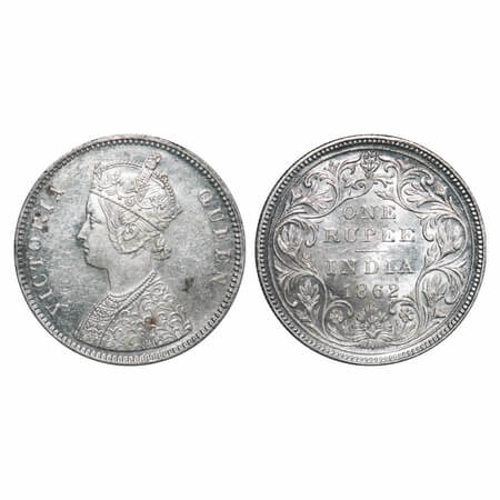 Victoria Queen, Silver, Rupee, 1862, Bombay Mint, A/II/0/5, With half bottom stroke of num