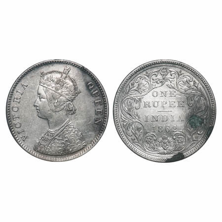 Victoria Queen, Silver, Rupee, 1862, Bombay Mint, A/II/0/7, w/o initial 'J'. F. Prid 87. G