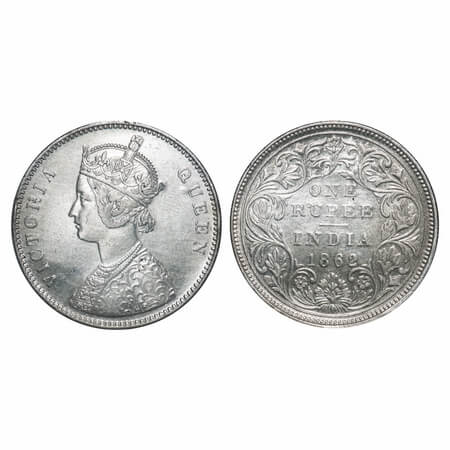 Victoria Queen, Silver, Rupee, 1862, Bombay Mint, A/II/0/10, w/o initial 'J'. F. Prid 93.