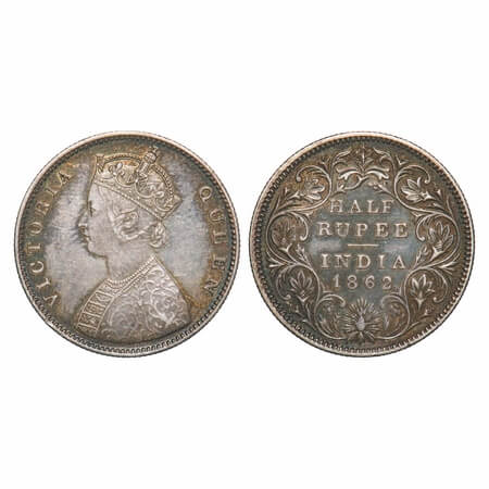 Victoria Queen, Silver, Half Rupee, 1862, Calcutta Mint, C/II, Round Prearls, Five petals 
