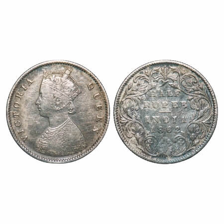 Victoria Queen, Silver, Half Rupee, 1862, Calcutta Mint, A/II, Round Pearls, 5 Petals flow