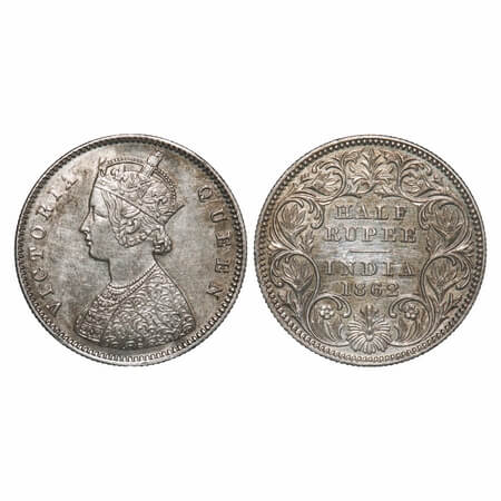 Victoria Queen, Silver, Half Rupee, 1862, Calcutta Mint, A/I, Round Pearls. F. Prid 255. G