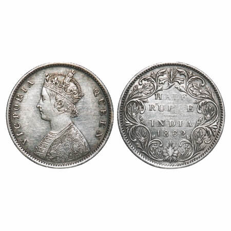 Victoria Queen, Silver, Rupee, 1862, Bombay Mint, B1/II, Round Pearls, Five petals flower 