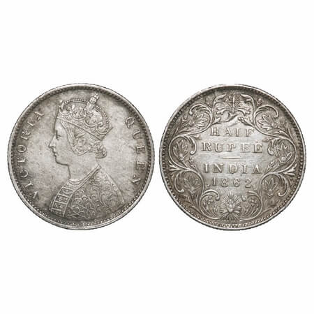 Victoria Queen, Silver, Half Rupee, 1862, Bombay Mint, B1/II, Round Pearls, Five petals fl