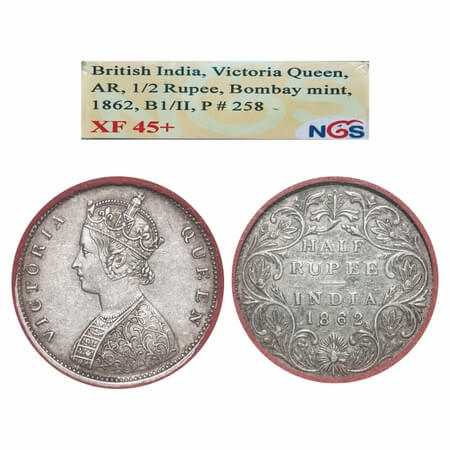 Victoria Queen, Silver, Half Rupee, 1862, Bombay Mint, B1/II, Round Pearls, Five petals fl