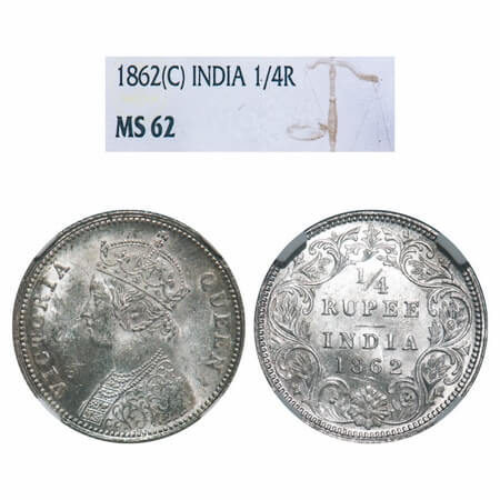 Victoria Queen, Silver, 1/4 Rupee, 1862, Calcutta Mint, A/I. F. Prid 376. GK 375. NGC Slab