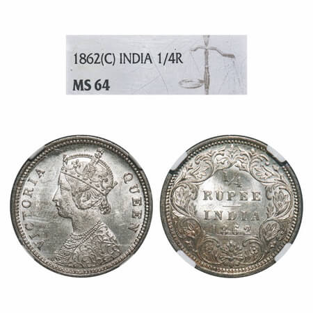 Victoria Queen, Silver, 1/4 Rupee, 1862, Calcutta Mint, A/I. F. Prid 376. GK 375. NGC Slab