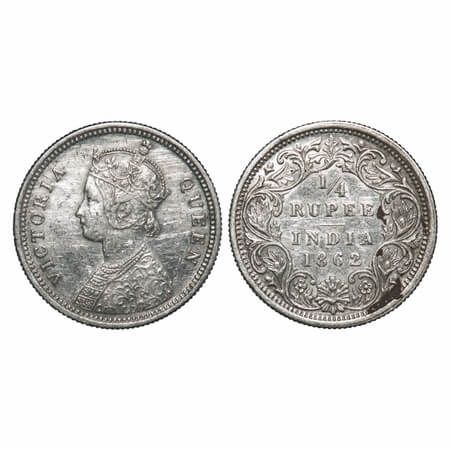 Victoria Queen, Silver, 1/4 Rupee, 1862, Bombay Mint, A/I. F. Prid 377. GK 377. Very Fine+