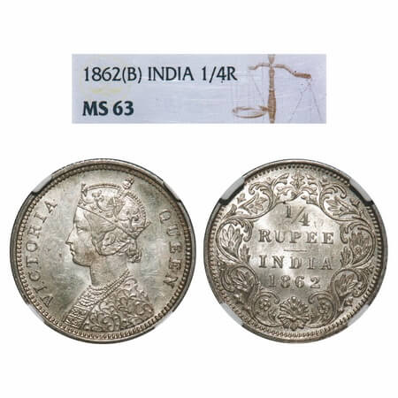 Victoria Queen, Silver, 1/4 Rupee, 1862, Bombay Mint, A/I. F. Prid 377. GK 377. NGC Slabbe