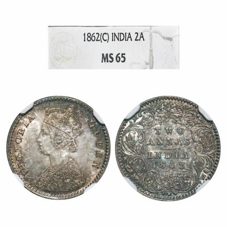 Victoria Queen, Silver, 2 Annas, 1862, Calcutta Mint, A/I, Bottom flower centre top petal 