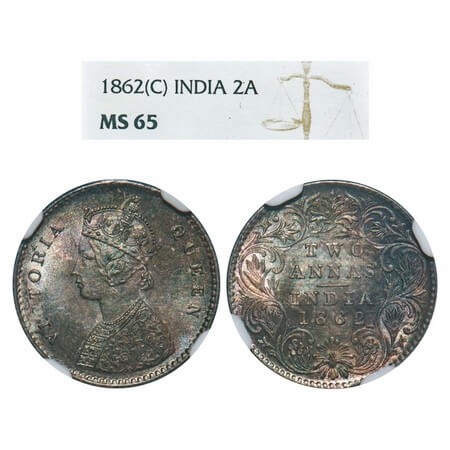 Victoria Queen, Silver, 2 Annas, 1862, Calcutta Mint, A/I, Bottom flower centre top petal 