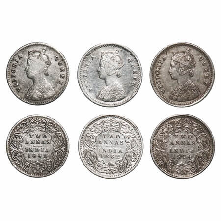 Victoria Queen, Silver, 2 Annas, (3 coins), 1) 1862, Calcutta Mint, A/I, Bottom flower cen