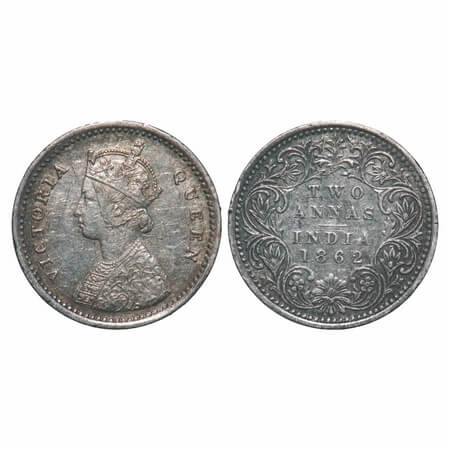 Victoria Queen, Silver, 2 Annas, 1862, Bombay Mint, A/I,Bottom flower centre top petal bro