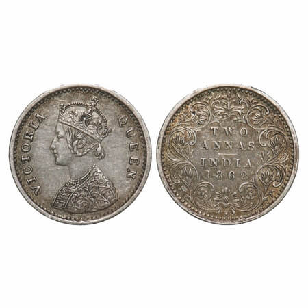 Victoria Queen, Silver, 2 Annas, 1862, Bombay Mint, A/I, Bottom flower centre top petal br