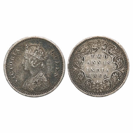 Victoria Queen, Silver, 2 Annas, 1862, Bombay Mint, A/I, Bottom flower centre top petal br