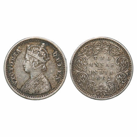 Victoria Queen, Silver, 2 Annas, 1862, Bombay Mint, A/I, Bottom flower centre top petal br