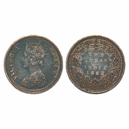 Victoria Queen, Silver, 2 Annas, 1862, Bombay Mint, A/I, Bottom flower centre top petal br