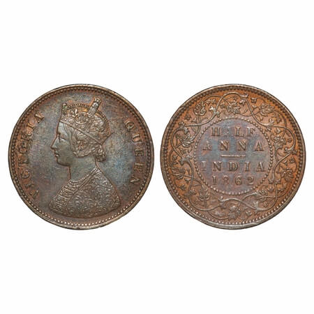 Victoria Queen, Copper, Half Anna, 1862, Calcutta Mint, B/II, Pineapple like flower buds. 