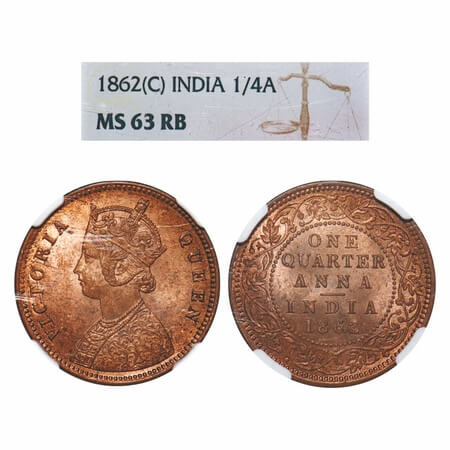 Victoria Queen, Copper, Quarter Anna, 1862, Calcutta Mint, A/I, No mint mark, No privy mar