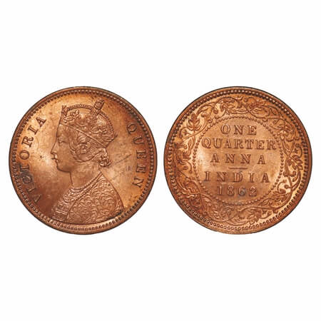 Victoria Queen, Copper, Quarter Anna, 1862, Calcutta Mint, A1/I, No mint mark, With tiny '