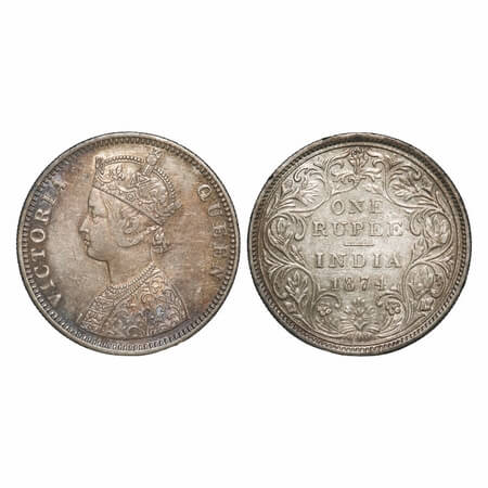 Victoria Queen, Silver, Rupee, 1874, Bombay Mint, C1/II, No dot, Normal numeral 4. F. Prid
