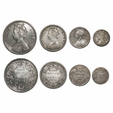 Victoria Queen, Silver, (4 coins), 1) Rupee, 1874, Bombay Mint, A2/II, No dot, Re-Engraved