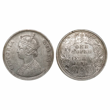 Victoria Queen, Silver, Rupee, 1874, Calcutta Mint, A1/I, No mint mark. F. Prid 112. GK 41