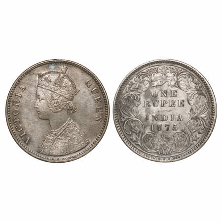 Victoria Queen, Silver, Rupee, 1875, Calcutta Mint, A1/I, No mint mark, Top stroke of nume