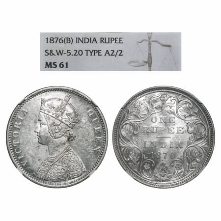 Victoria Queen, Silver, Rupee, 1876, Bombay Mint, A2/II, Dot. F. Prid 147. GK 430. NGC Sla