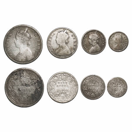 Victoria Queen, Silver, (4 coins), 1) Rupee, 1876, Calcutta Mint, A1/I, No mint mark, 2) H