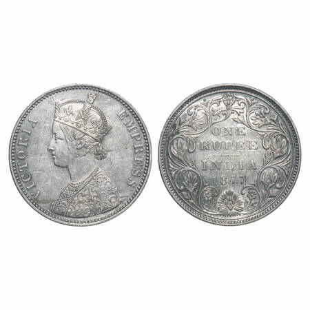 Victoria Empress, Silver, Rupee, 1877, Bombay Mint, A3/II, Dot, Inclined 1. F. Prid Unlist