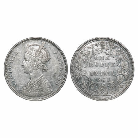 Victoria Empress, Silver, Rupee, 1877, Bombay Mint, A3/II(i), Dot, Thin numeral '77'. F. P