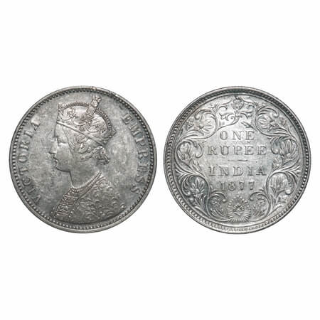 Victoria Empress, Silver, Rupee, 1877, Bombay Mint, A3/II(i), Dot, Multiple die cracks on 
