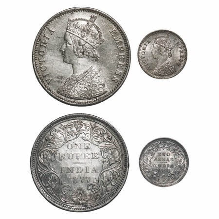 Victoria Empress, Silver, (2 coins), 1) Rupee, 1877, Bombay Mint, A3/II(i), Dot, Thin nume