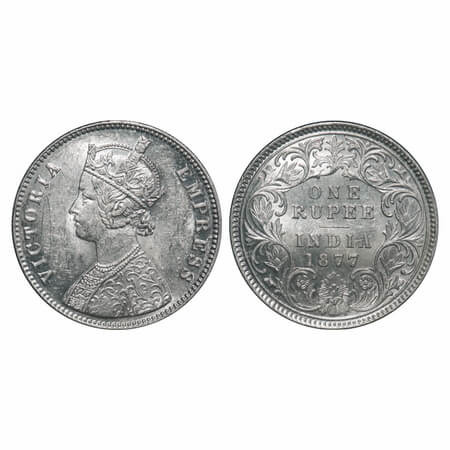 Victoria Empress, Silver, Rupee, 1877, Calcutta Mint, A1/I, No mint mark. F. Prid 115. GK 