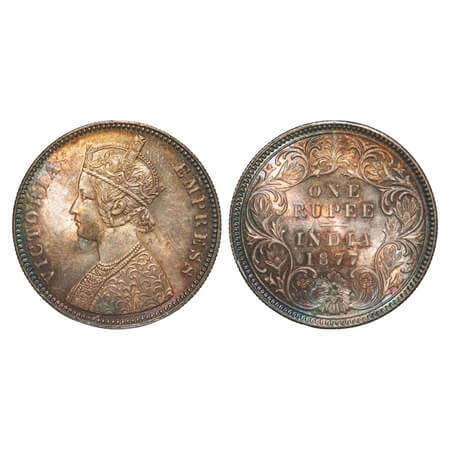 Victoria Empress, Silver, Rupee, 1877, Calcutta Mint, A3/I, No mint mark, Thick numeral '7