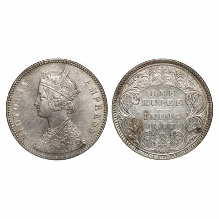 Victoria Empress, Silver, Rupee, 1877, Calcutta Mint, A1/I, No mint mark. F. Prid 115. GK 
