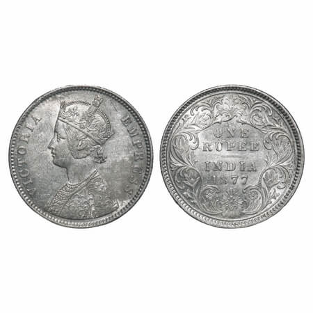 Victoria Empress, Silver, Rupee, 1877, Calcutta Mint, A3/I, No mint mark, Thick numeral '7