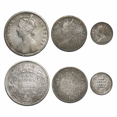 Victoria Empress, Silver, (3 coins), 1) Rupee, 1877, Calcutta Mint, A1/I, No mint mark, Th